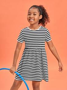 SHEIN Girls Striped Smock Dress - Black and White - View 5