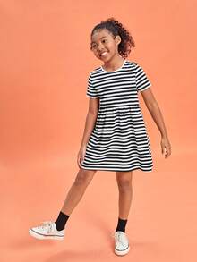 SHEIN Girls Striped Smock Dress - Black and White - View 6