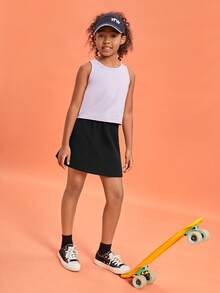 SHEIN Tween Girls Solid Drawstring Waist Skirt - Black - View 4