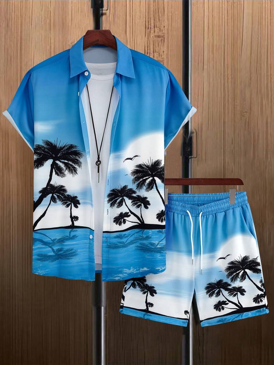Manfinity Homme Men Casual Beach Outfits Coconut Tree Print Shirt & Shorts, Going Out - Blue and White - View 1