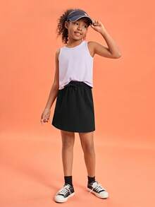 SHEIN Tween Girls Solid Drawstring Waist Skirt - Black - View 6