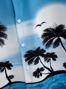 Manfinity Homme Men Casual Beach Outfits Coconut Tree Print Shirt & Shorts, Going Out - Blue and White - View 3