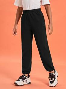 SHEIN Girls 100% Cotton Solid Slant Pocket Joggers - Black - View 3