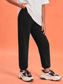 SHEIN Girls 100% Cotton Solid Slant Pocket Joggers - Black - View 4