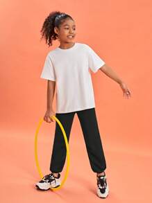 SHEIN Girls 100% Cotton Solid Slant Pocket Joggers - Black - View 5