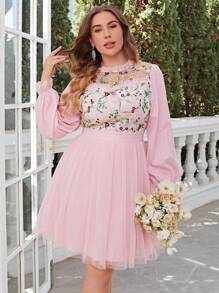 Simplee Plus Floral Embroidery Mesh Lantern Sleeve Dress - Baby Pink - View 1