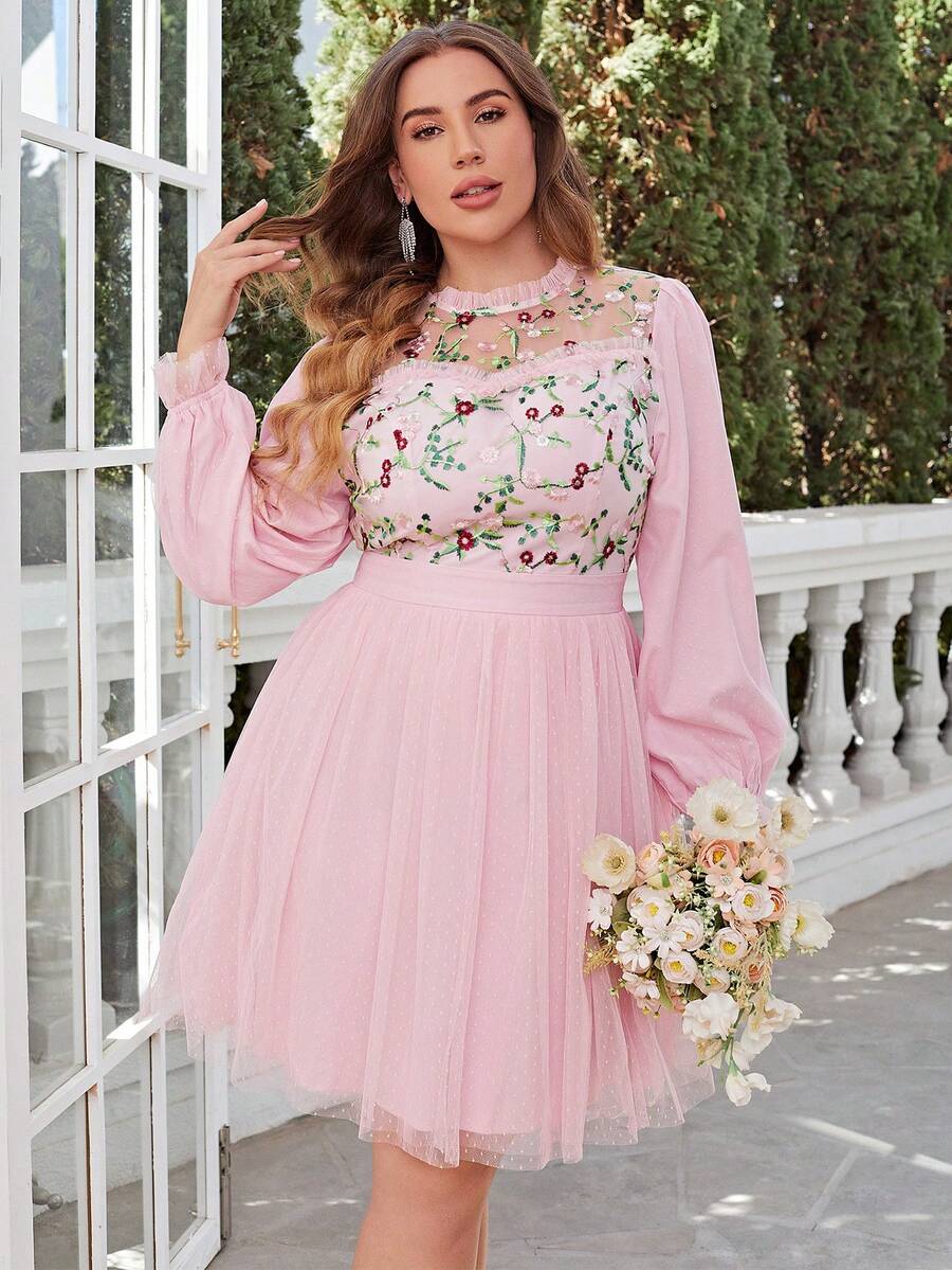 Simplee Plus Floral Embroidery Mesh Lantern Sleeve Dress - Baby Pink - View 1