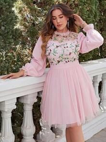 Simplee Plus Floral Embroidery Mesh Lantern Sleeve Dress - Baby Pink - View 6