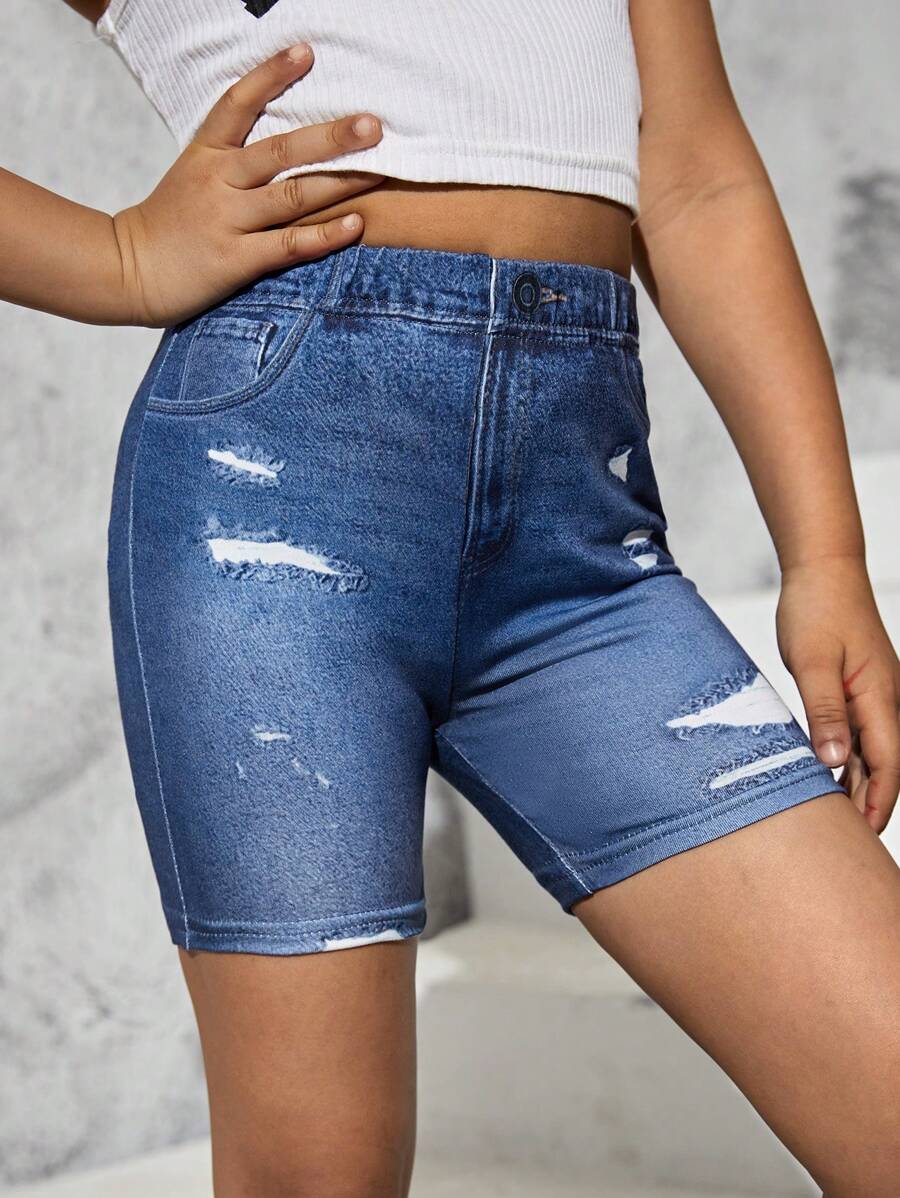 SHEIN Quần soóc Biker in họa tiết denim & in hình xé toạc cho bé gái mới tập đi - Màu xanh lam - Xem 1