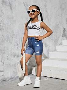 SHEIN Quần soóc Biker in họa tiết denim & in hình xé toạc cho bé gái mới tập đi - Màu xanh lam - Xem 3