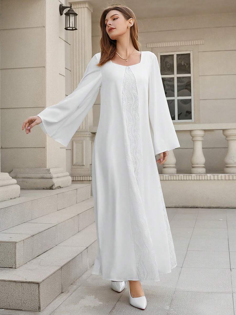 素色喇叭袖拼接蕾絲連衣裙 - 白色 - 查看 1