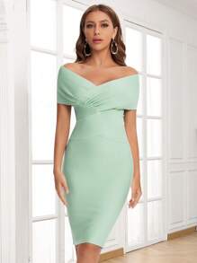 Vestido elegante de fiesta de noche de hombros caídos color verde menta para mujer - verde menta - Ver 1