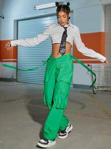 街V腰側翻蓋口袋工裝褲 - 綠色 - 查看 5