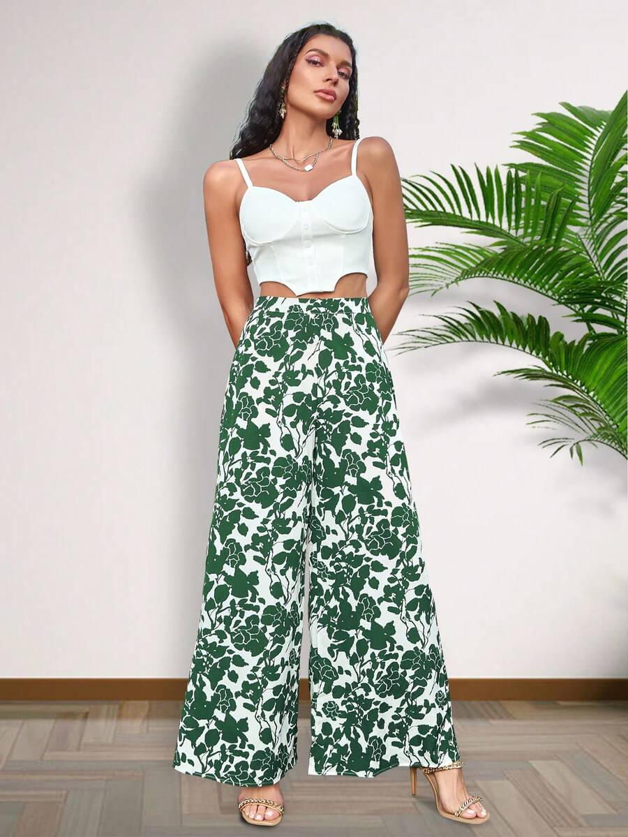 Allover Floral Print Wide Leg Trousers - Green - View 1