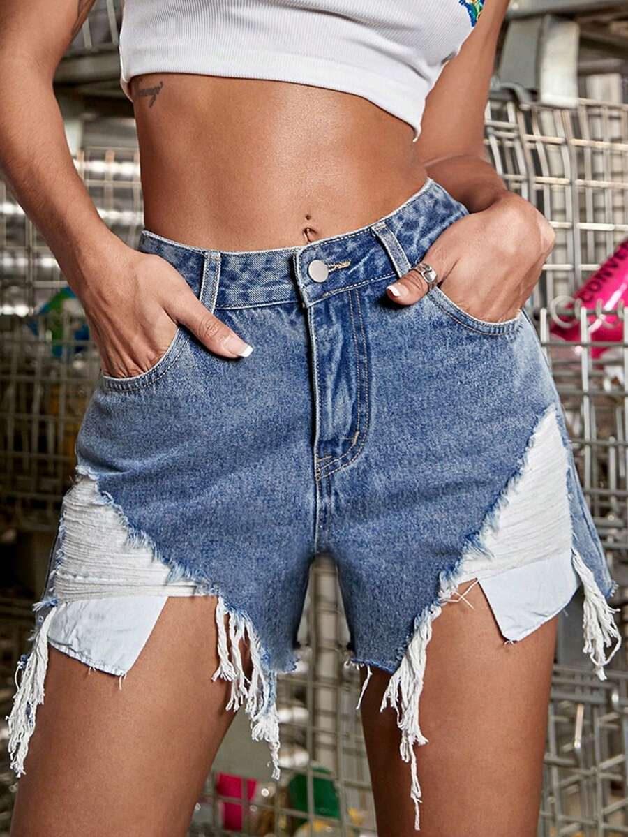 斜口袋破洞毛邊牛仔短褲 - 中等水洗藍 - 查看 1