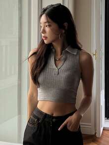 DAZY Top tank crop unicolor de canalé - Gris - Ver 4