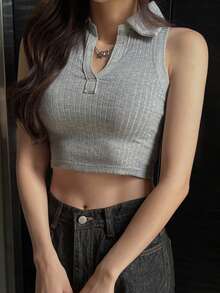 DAZY Top tank crop unicolor de canalé - Gris - Ver 5