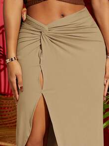 SHEIN SXY 前扭結高衩素色半身裙 - 杏色 - 查看 3