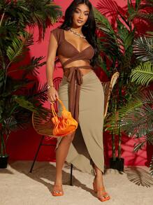 SHEIN SXY 前扭結高衩素色半身裙 - 杏色 - 查看 5