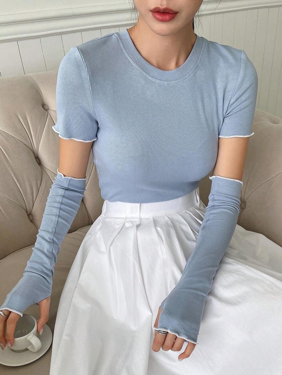 DAZY Solid Ribbed Knit Tee - Blue - View 1