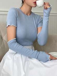 DAZY Solid Ribbed Knit Tee - Blue - View 2