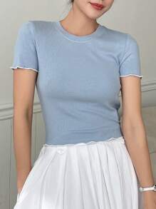 DAZY Solid Ribbed Knit Tee - Blue - View 3