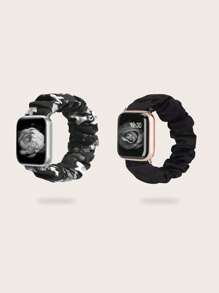 2 piezas Hombres Mujeres Banda de Apple Watch de tela con diseño de Scrunchie de patrón floral y negro a la moda 49/45/44/42/41/40/38 mm, compatible con Apple Watch Series SE 8 7 6 5 4 3 2 1