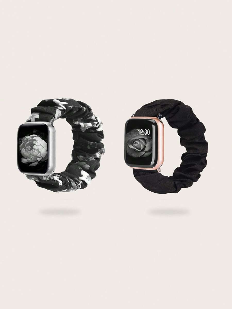 2 piezas Hombres Mujeres Banda de Apple Watch de tela con diseño de Scrunchie de patrón floral y negro a la moda 49/45/44/42/41/40/38 mm, compatible con Apple Watch Series SE 8 7 6 5 4 3 2 1