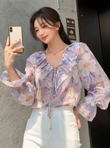 DAZY 印花荷叶边袖口系带衬衫，返校季长袖上衣，度假装扮女装 - 粉色 - 查看 2