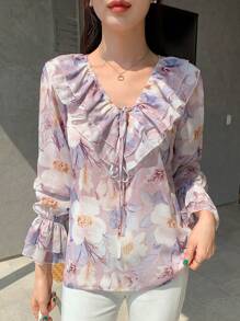 DAZY 印花荷叶边袖口系带衬衫，返校季长袖上衣，度假装扮女装 - 粉色 - 查看 3