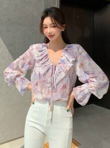 DAZY 印花荷叶边袖口系带衬衫，返校季长袖上衣，度假装扮女装 - 粉色 - 查看 4