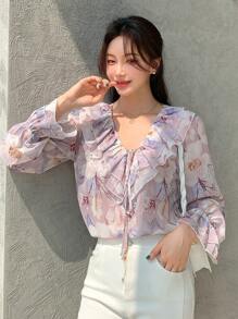 DAZY 印花荷叶边袖口系带衬衫，返校季长袖上衣，度假装扮女装 - 粉色 - 查看 6