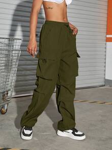 Quần cargo ống đứng dáng suông, màu trơn, kiểu dáng đường phố Y2K, cạp chun co giãn, có túi nắp, màu trơn, thích hợp mặc hàng ngày, đi làm, đi học, mùa thu. - xanh quân đội - Xem 4