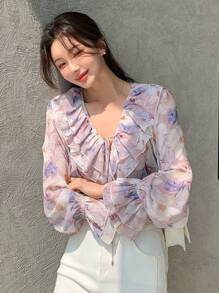 DAZY 印花荷叶边袖口系带衬衫，返校季长袖上衣，度假装扮女装 - 粉色 - 查看 7