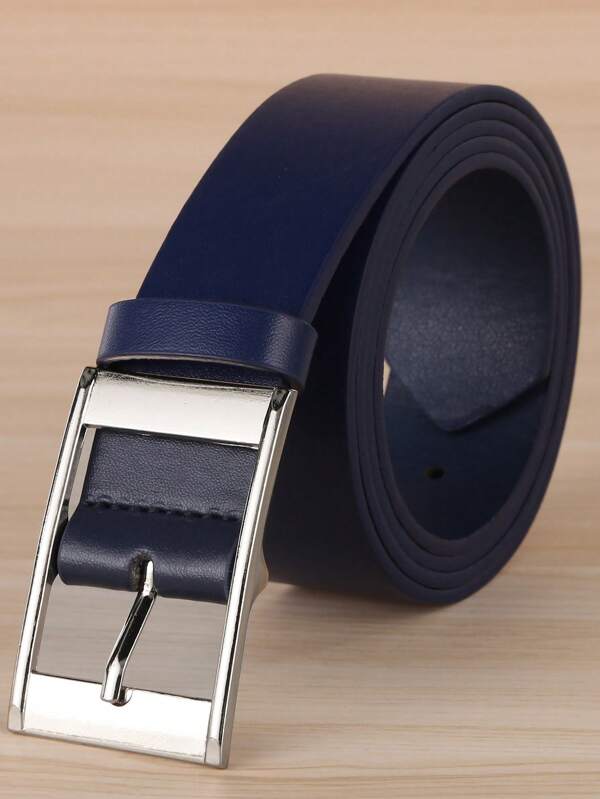 1pc Men's Casual Pin Buckle Leather Belt, Rectangular Buckle PU Waistband, Navy Blue Work Pants Belt Summer, School