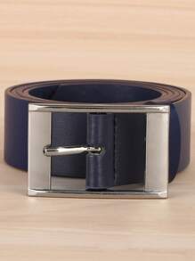 1pc Men's Casual Pin Buckle Leather Belt, Rectangular Buckle PU Waistband, Navy Blue Work Pants Belt Summer, School