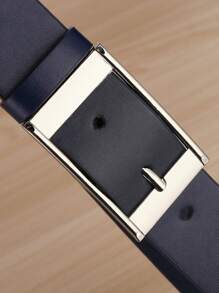1pc Men's Casual Pin Buckle Leather Belt, Rectangular Buckle PU Waistband, Navy Blue Work Pants Belt Summer, School