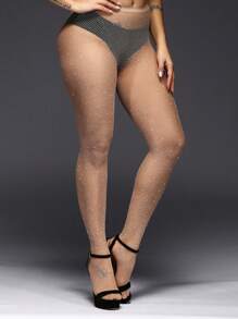 1雙女士水鑽裝飾時尚漁網褲襪適合派對 - 杏色 - 查看 1