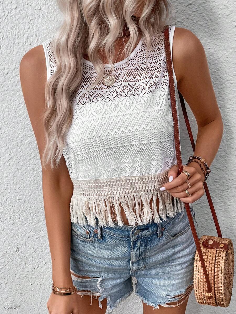 Breezaya Áo khoác và áo lót dành cho xe tăng nữ mép màu trơn Boho - trắng - Xem 1