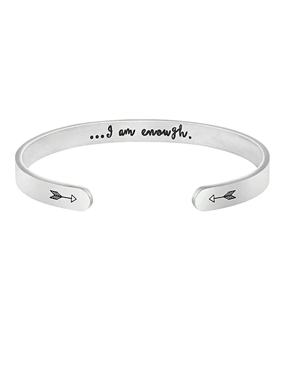 1入組女士“IamEnough”字樣不銹鋼開口手鐲送給朋友理想禮物 - 銀色 - 查看 1