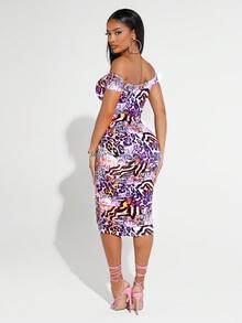 SHEIN SXY Leopard & Snakeskin Print Off Shoulder Cut Out Front Bodycon Dress - Multicolor - View 2