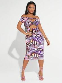 SHEIN SXY Leopard & Snakeskin Print Off Shoulder Cut Out Front Bodycon Dress - Multicolor - View 1