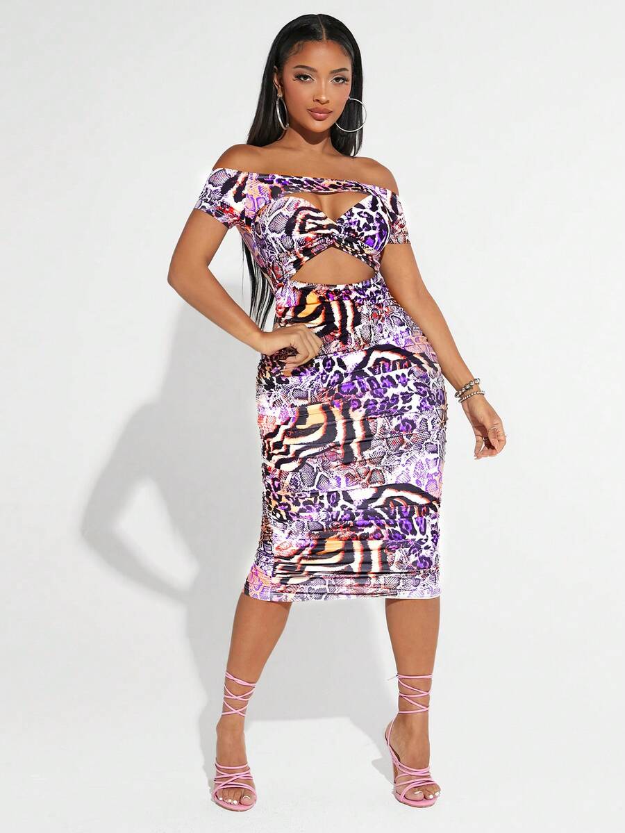 SHEIN SXY Leopard & Snakeskin Print Off Shoulder Cut Out Front Bodycon Dress - Multicolor - View 1