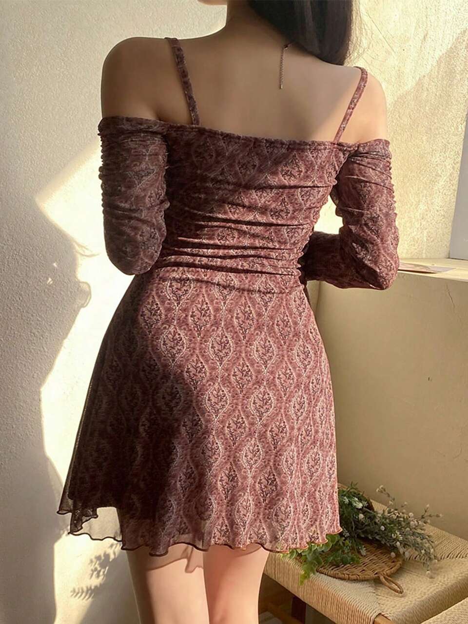 Cold Shoulder Ruched Bustier Ruffle Hem Dress,Milkmaid Dress Sundress,Mini Dress,Casual Women Dresses,Fall Dress Long Sleeve Dress Floral