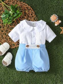 男嬰彼得潘領襯衫和拼接水溶蕾絲短褲