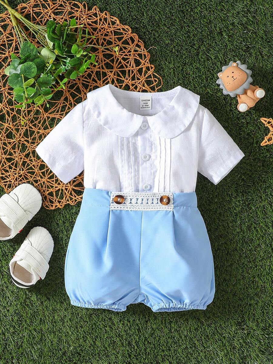 男嬰彼得潘領襯衫和拼接水溶蕾絲短褲