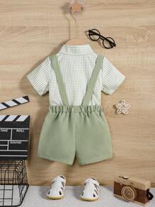 SHEIN 男嬰格子圖案前蝴蝶結襯衫和背帶短褲 - 彩色 - 查看 2