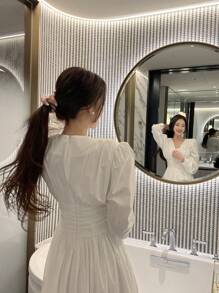 DAZY Váy suông cài nút phía trước, eo nhún, quần áo mùa thu, váy dài tay - trắng - Xem 2