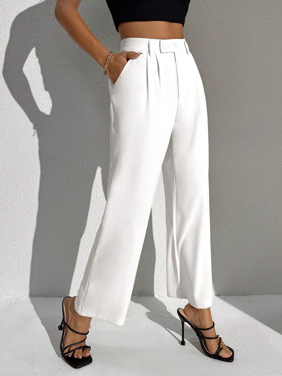 SHEIN PETITE 高腰褶饰阔腿西裤 - 白色 - 查看 1