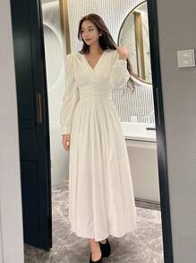 DAZY Váy suông cài nút phía trước, eo nhún, quần áo mùa thu, váy dài tay - trắng - Xem 6